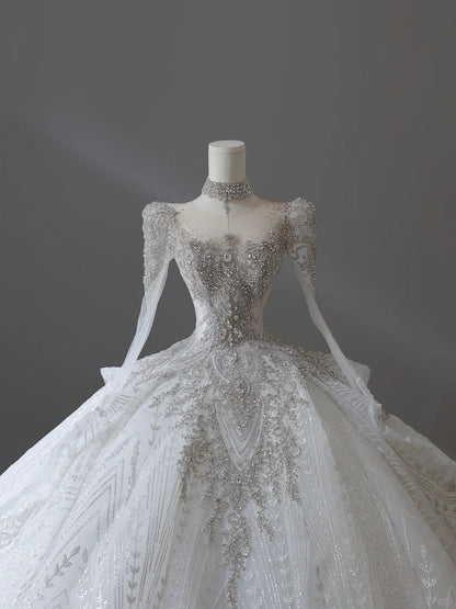 French Retro Shiny Rhinestone Round Neck Lace Long Sleeve Floor-Length Wedding Dress P2544