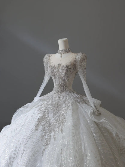 French Retro Shiny Rhinestone Round Neck Lace Long Sleeve Floor-Length Wedding Dress P2544