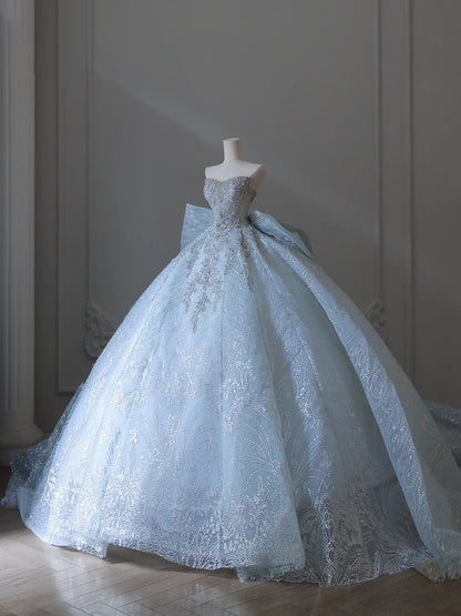 Dreamy Ice Crystal Blue Sparkling Beaded Rhinestone Bowknot Floor-Length Wedding Dress P2546
