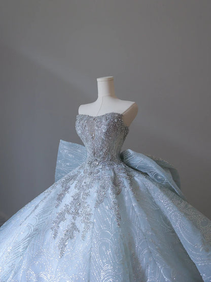 Dreamy Ice Crystal Blue Sparkling Beaded Rhinestone Bowknot Floor-Length Wedding Dress P2546