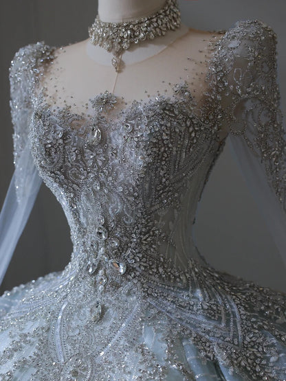 Vintage Glacier Blue Long Sleeve Sparkling Rhinestone Lace Floor-Length Wedding Dress P2547