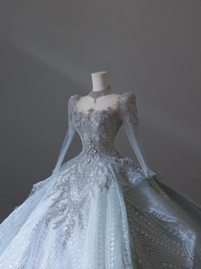 Vintage Glacier Blue Long Sleeve Sparkling Rhinestone Lace Floor-Length Wedding Dress P2547