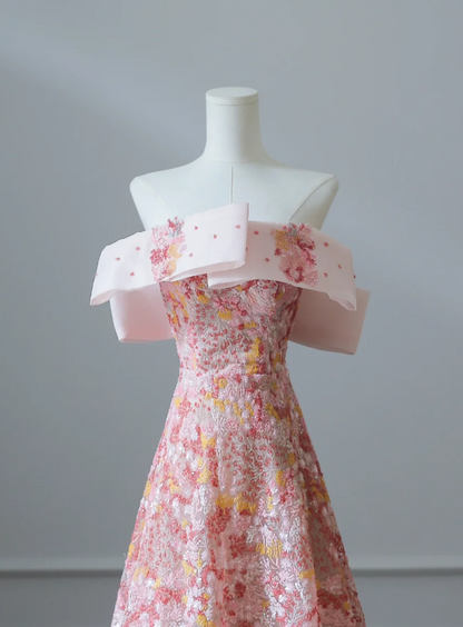 Sweet and lovely pink floral sequined A-line prom dress P2548