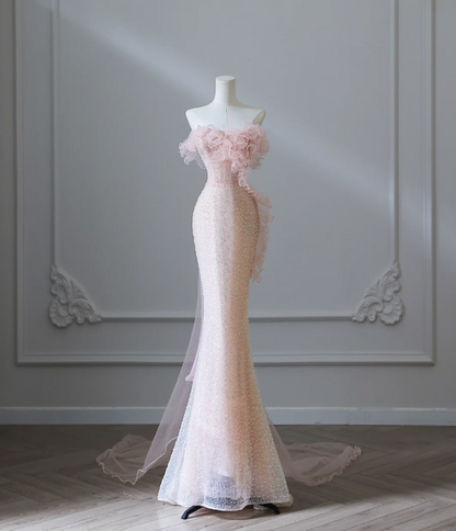 Elegant Pink Mermaid One Shoulder Beaded Prom Dress P2549