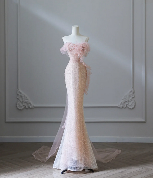 Elegant Pink Mermaid One Shoulder Beaded Prom Dress P2549