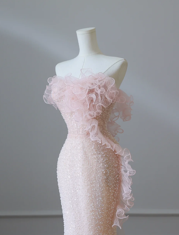 Elegant Pink Mermaid One Shoulder Beaded Prom Dress P2549