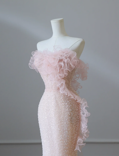 Elegant Pink Mermaid One Shoulder Beaded Prom Dress P2549