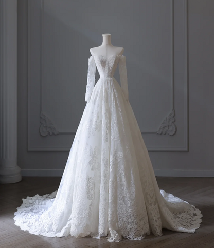 Elegant White Lace Long Sleeve Off-Shoulder A-Line Wedding Dress P2551