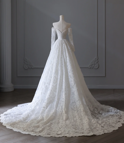 Elegant White Lace Long Sleeve Off-Shoulder A-Line Wedding Dress P2551