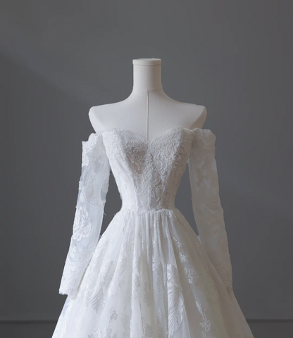 Elegant White Lace Long Sleeve Off-Shoulder A-Line Wedding Dress P2551