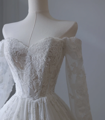 Elegant White Lace Long Sleeve Off-Shoulder A-Line Wedding Dress P2551