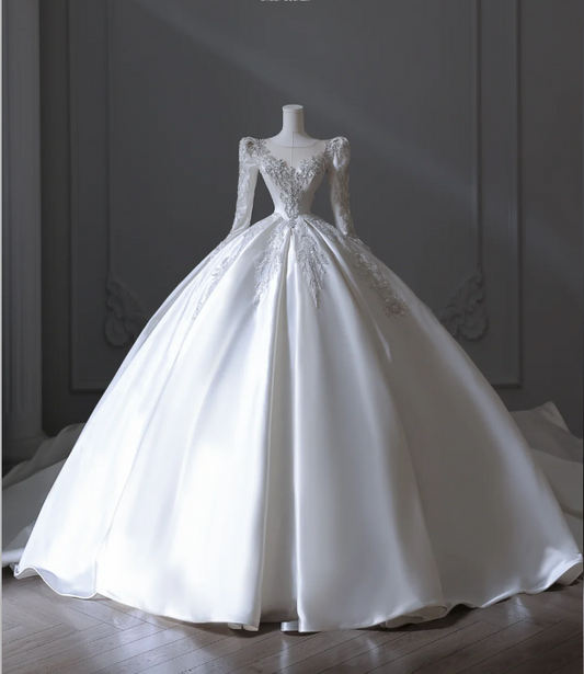 Vintage White Long Sleeve Beaded Round Neck A-Line Floor-Length Wedding Dress P2552