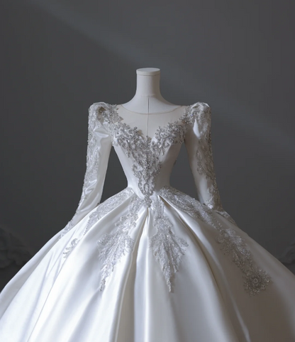 Vintage White Long Sleeve Beaded Round Neck A-Line Floor-Length Wedding Dress P2552