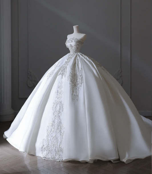 Elegant floor-length white strapless satin wedding dress with sparkling beads P2553