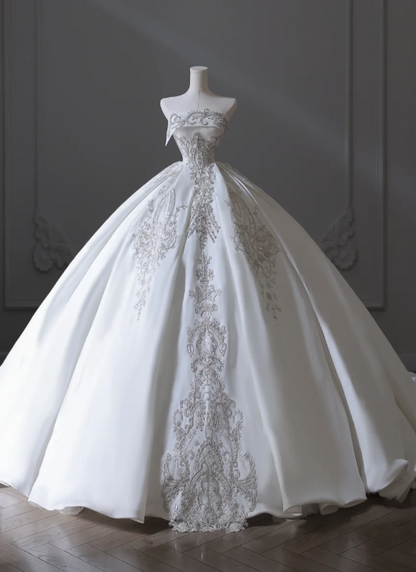 Elegant floor-length white strapless satin wedding dress with sparkling beads P2553