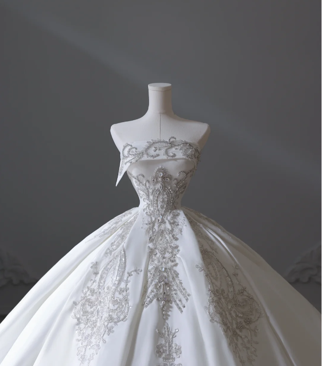 Elegant floor-length white strapless satin wedding dress with sparkling beads P2553