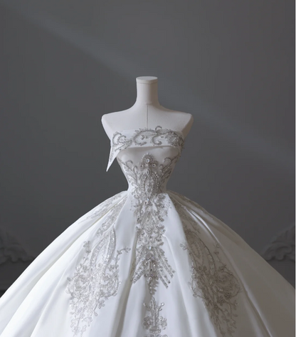 Elegant floor-length white strapless satin wedding dress with sparkling beads P2553