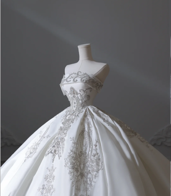 Elegant floor-length white strapless satin wedding dress with sparkling beads P2553