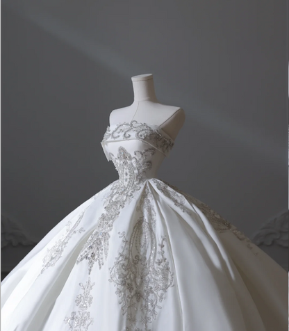 Elegant floor-length white strapless satin wedding dress with sparkling beads P2553