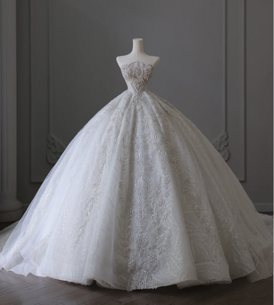 White off-the-shoulder lace beaded floor-length wedding dress P2555