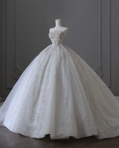 White off-the-shoulder lace beaded floor-length wedding dress P2555