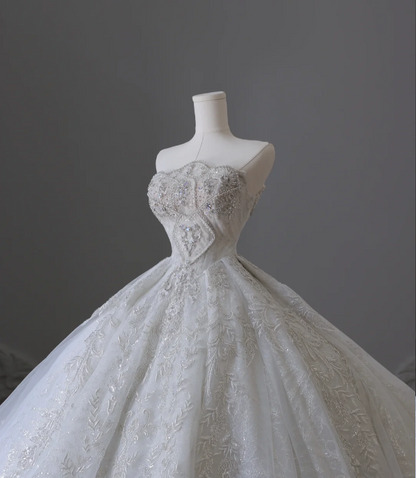 White off-the-shoulder lace beaded floor-length wedding dress P2555