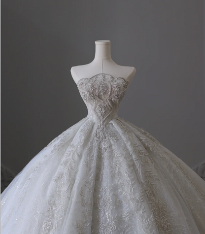 White off-the-shoulder lace beaded floor-length wedding dress P2555