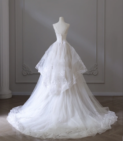 Flowing White Sleeveless Tulle Simple Wedding Dress P2557