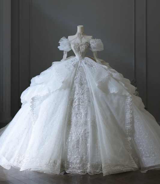 French court retro white long-sleeved beaded luxury floor-length wedding dress P2562