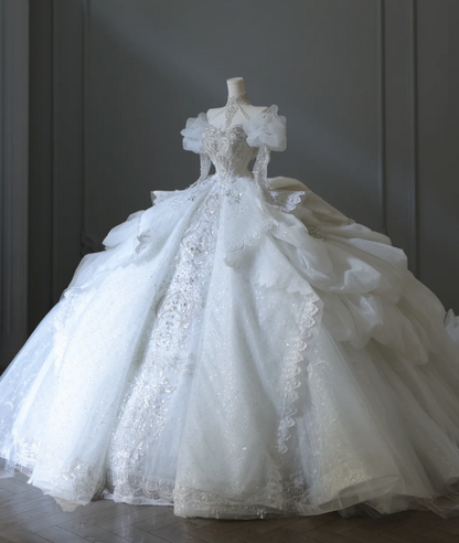 French court retro white long-sleeved beaded luxury floor-length wedding dress P2562