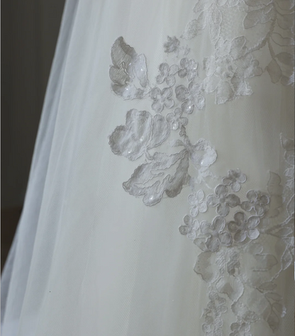 Elegant White Strapless Lace Tulle A-Line Wedding Dress P2563