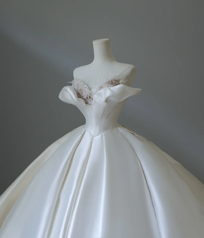 Elegant and simple satin off-shoulder A-line floor-length wedding dress P2575