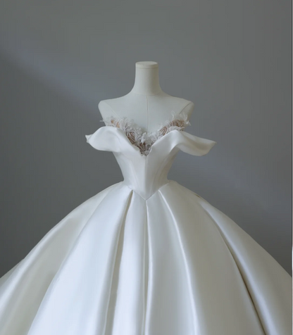 Elegant and simple satin off-shoulder A-line floor-length wedding dress P2575