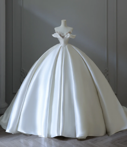 Elegant and simple satin off-shoulder A-line floor-length wedding dress P2575