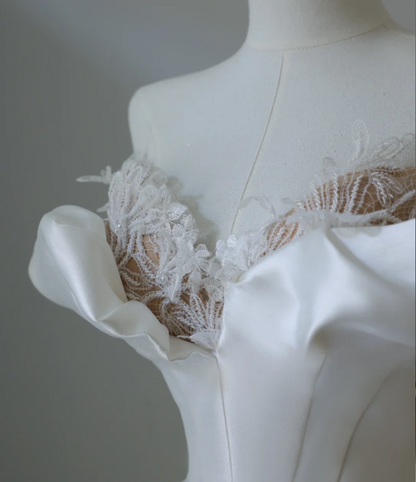 Elegant and simple satin off-shoulder A-line floor-length wedding dress P2575