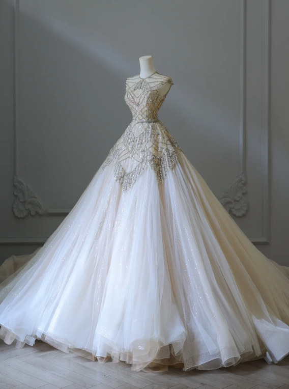 Luxurious Champagne Sleeveless Beaded Rhinestone A-Line Floor-Length Tulle Wedding Dress P2576