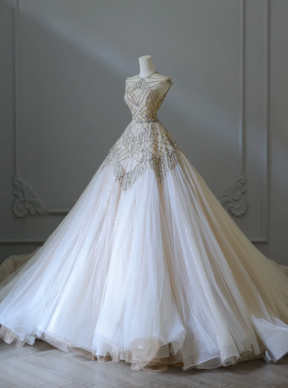 Luxurious Champagne Sleeveless Beaded Rhinestone A-Line Floor-Length Tulle Wedding Dress P2576