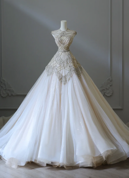 Luxurious Champagne Sleeveless Beaded Rhinestone A-Line Floor-Length Tulle Wedding Dress P2576