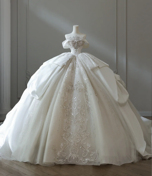 French court retro luxury tube top shiny tulle floor-length wedding dress P2578