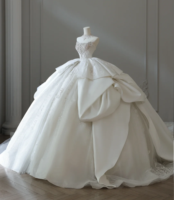 French court retro luxury tube top shiny tulle floor-length wedding dress P2578