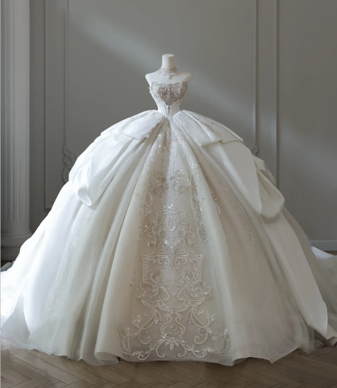 French court retro luxury tube top shiny tulle floor-length wedding dress P2578