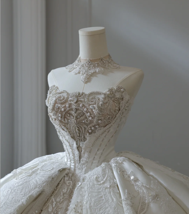 French court retro luxury tube top shiny tulle floor-length wedding dress P2578