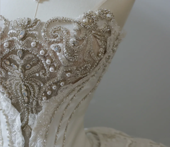 French court retro luxury tube top shiny tulle floor-length wedding dress P2578