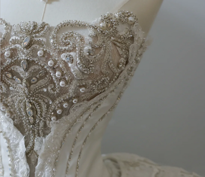 French court retro luxury tube top shiny tulle floor-length wedding dress P2578