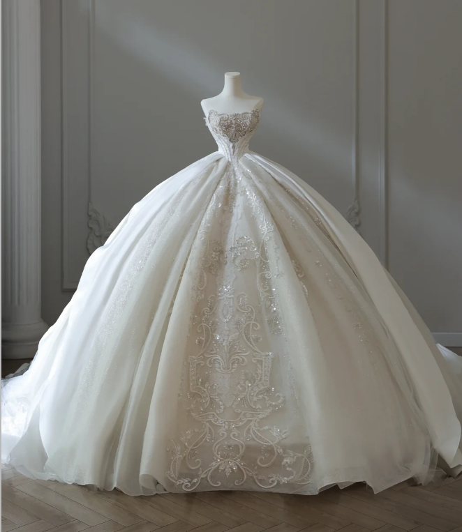 French court retro luxury tube top shiny tulle floor-length wedding dress P2578