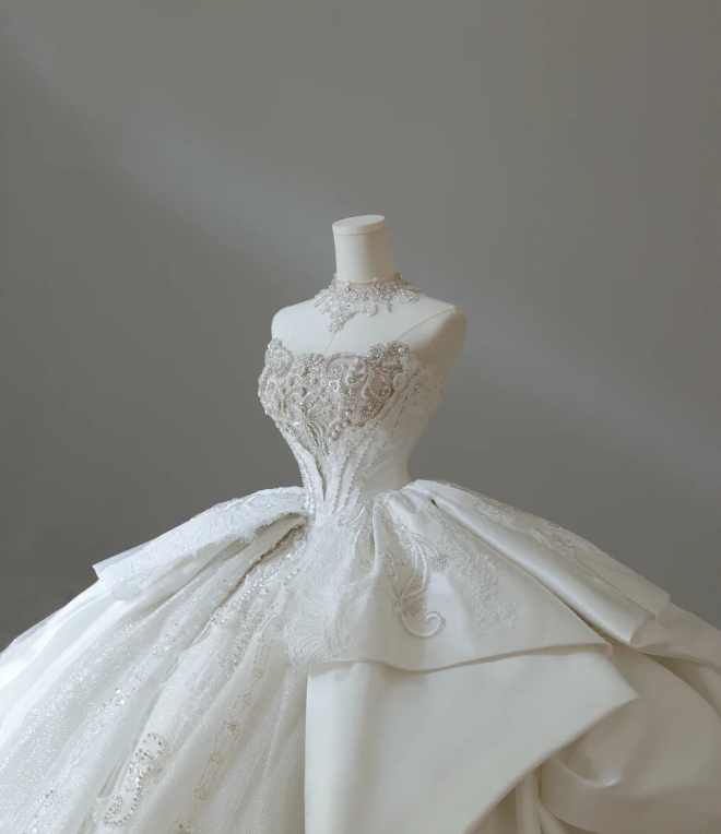 French court retro luxury tube top shiny tulle floor-length wedding dress P2578