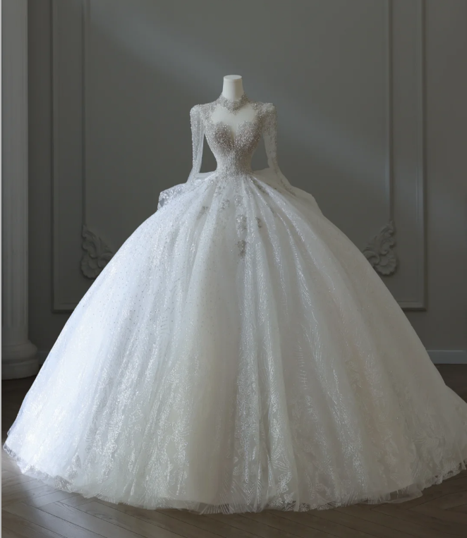 Sparkling Galaxy Long Sleeve A-Line Tulle Floor-Length Wedding Dress with Mock Neck P2579