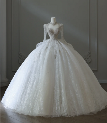 Sparkling Galaxy Long Sleeve A-Line Tulle Floor-Length Wedding Dress with Mock Neck P2579