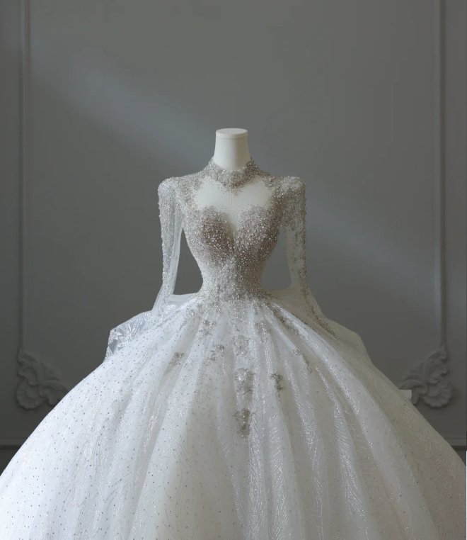 Sparkling Galaxy Long Sleeve A-Line Tulle Floor-Length Wedding Dress with Mock Neck P2579