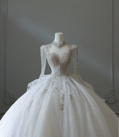 Sparkling Galaxy Long Sleeve A-Line Tulle Floor-Length Wedding Dress with Mock Neck P2579